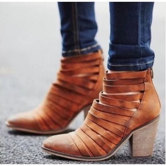 Free People Tan Leather Hybrid Heel Strappy Ankle Boot Bootie Size 40 / 9.5 - Picture 1 of 14